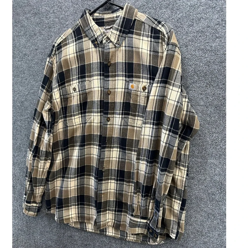 Carhartt Mens Relaxed Fit Plaid Heavy Weight Button Down Shirt Tan  102824 391 L